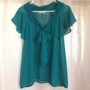 ModCloth Sheer Teal Blouse Pussybow size L